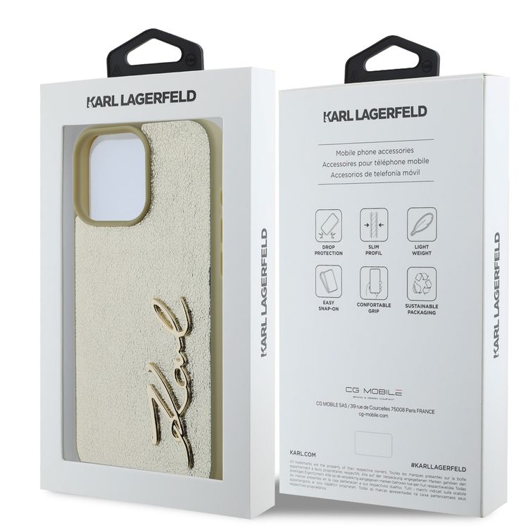 Karl Lagerfeld Wrinkled Design PU Hard Case with Metal Signature Logo for iPhone 16 Pro Max, Slim Profile, Comfortable Grip, Drop Protection, Lightweight, Sustainable Packing - Gold 