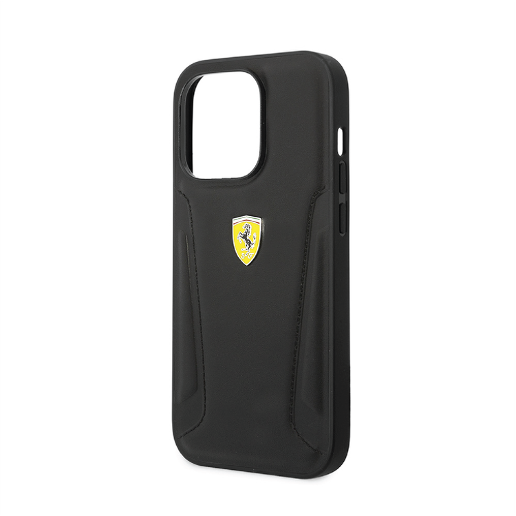 Ferrari Leather Case With Hot Stamped Sides & Yellow Shield Logo - iPhone 14 Plus - Black
