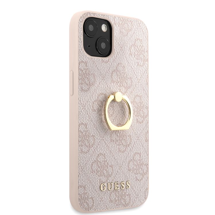 CG MOBILE Guess PU Leather 4G Case with 360° Rotating Ring Grip Holder Stand Compatible for iPhone 13 (6.1") Suitable with Wireless Charging Officially Licensed - Pink