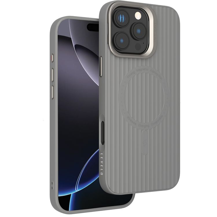 Levelo Livia Case for iPhone 16 Pro Max with MagSafe Compatibility, Impact-Resistant Corners, Built-in Kickstand, TPU with Silicone Surface, Metal Camera Ring - Gray