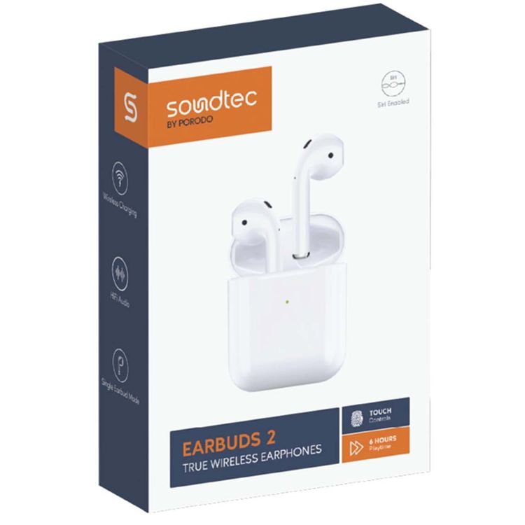 Porodo Soundtec Earbuds 2 with Touch Controls, Single Earbud Mode, Siri Enabled, Wireless Charging Support, HiFi Sound, In-ear Sensor, 12m Bluetooth Range, Lightning Charging Port - White