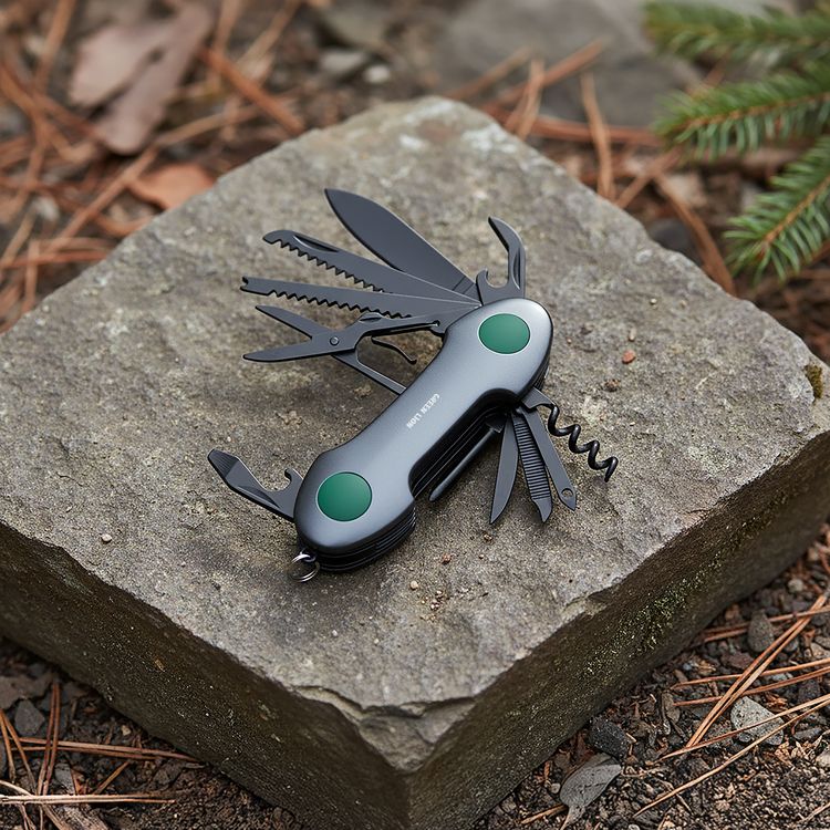 سكين سلسلة مفاتيح متعدد الأدوات 14 في 1 من Green Lion مع مادة من الفولاذ المقاوم للصدأ المتين، شفرة حادة دقيقة، مقاوم للصدأ والتآكل، تصميم أمان بالقفل، قبضة غير قابلة للانزلاق - أسود