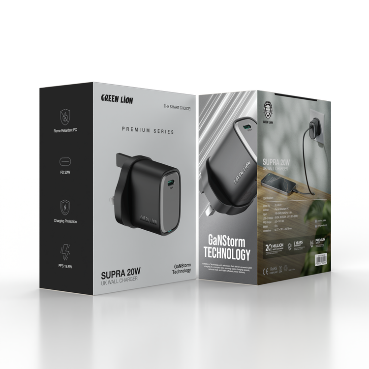 Green Lion Supra 20W GaN USB-C Wall Charger with UK 3-Pin Plug, PPS 19.8W, Charging Protection, Flame-Retardant PC Material, PD 20W Fast Charging - Black / Gray