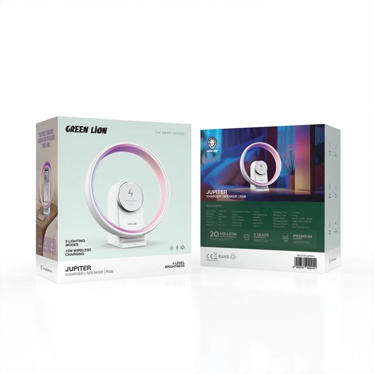 Green Lion Jupiter Wireless Charger & Speaker with 9 Lighting Modes, Bluetooth Version 5.2, USB-C Input Port, 1800mAh Battery, Up to 2 Hours Working Time, 4 Brightness Levels, Control Buttons - White