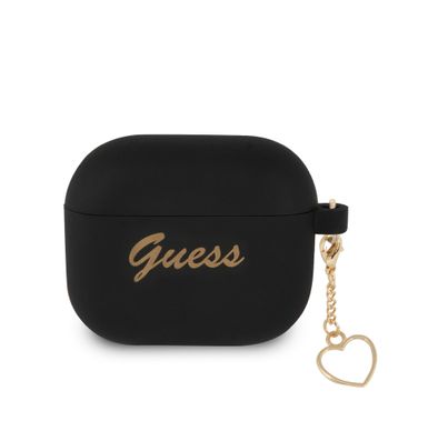 Guess GUA3LSCHSK Silicone Case for Apple Airpods 3 , Charm Collection with Anti-Lost Heart Ring , Officially Licensed - Black