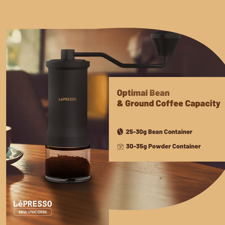 LePresso Handheld Burr Coffee Grinder with High-Precision Grinding, Stainless Steel & Glass & ABS Material, 30-35g Capacity, Cleaning Brush Included, Perfect Grip - Black