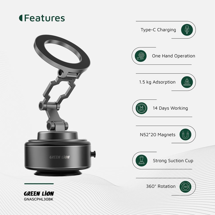 Green Lion GX-30 Auto Suction Phone Holder with 360° Rotation, Strong Suction Cup, 1.5kg Adsorption, One-Hand Operation, MagSafe Compatible, Type-C Charging, 14 Days Working Time - Matte Black