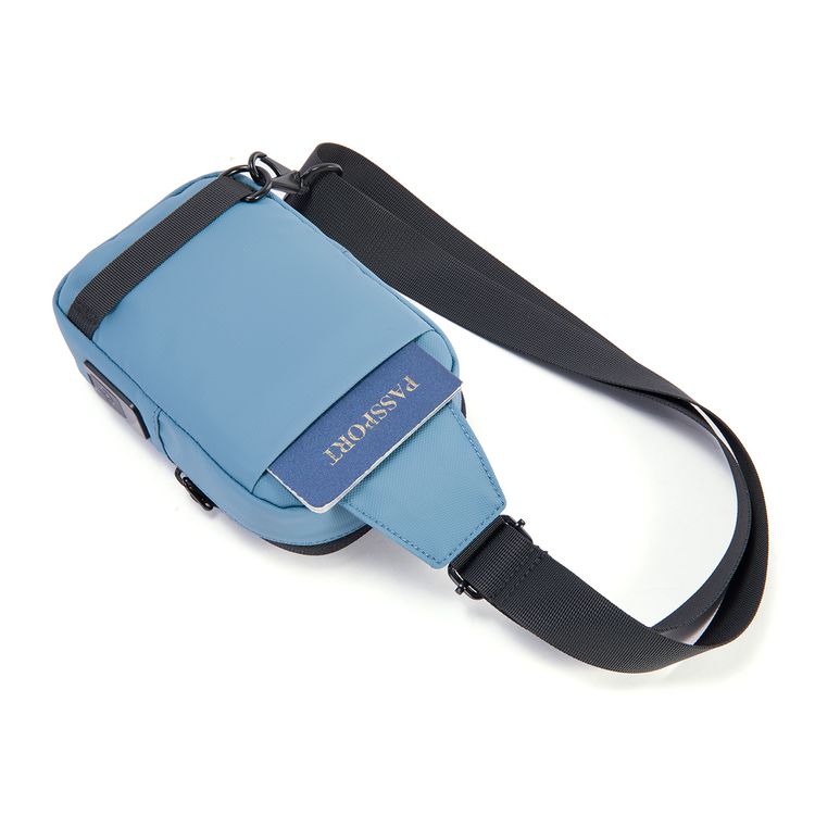Porodo Lifestyle Sling Bag with Adjustable Shoulder Strap, Durable Material, Smooth Zipper, Type-C Charging Port, PD 20W, Water Resistant - Black / Blue