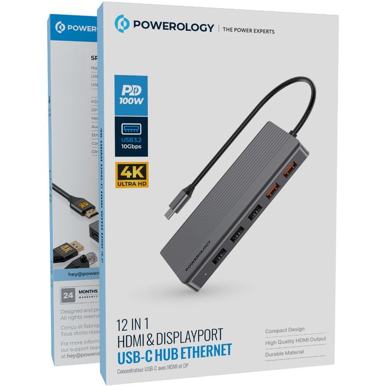 Powerology 12 in 1 - Hdmi & DP 4K Usb-C Hub Ethernet 10Gbps Data Transfer - Gray