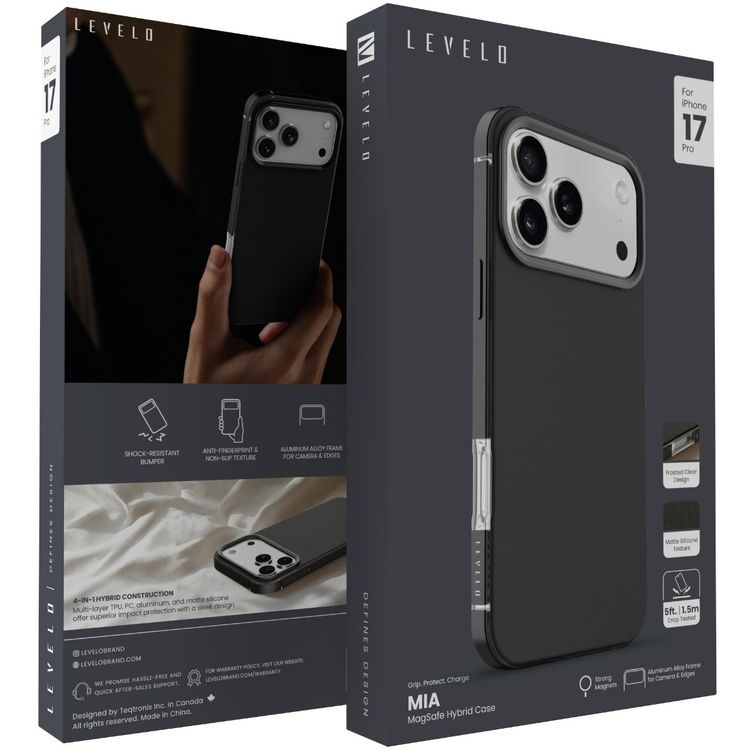 Levelo Mia MagSafe Hybrid Case for iPhone 17 Pro, N52 Strong Magnets, Matte Silicone Texture Material, Frosted Clear Design, 1.5m Drop Tested, Aluminum Alloy Frame for Camera & Edges, Non-Slip Texture, Comfortable Grip, Shock-Resistant Bumper - Phantom Black