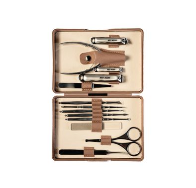 Green Lion 13-in-1 Manicure Kit with Lancet Tool, Tweezer, Slanted Nail Clipper, Standard Nail Clipper, Large Nail Clipper, Cuticle Scissors, Cuticle Nipper, Cuticle Pusher, Nail Cleaner, Dead Skin Scraper, Nail Art Tool, Peeling Knife & Glass Nail File, Non-Slip Texture - Brown