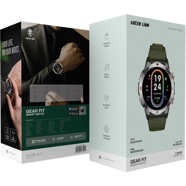Green Lion Gear Fit Smart Watch with Dynamic Island, Health Monitoring, Bluetooth Calls, Magnetic Charging, Exercise Records, Music Player, 3-5 Days Usage Time - Silver