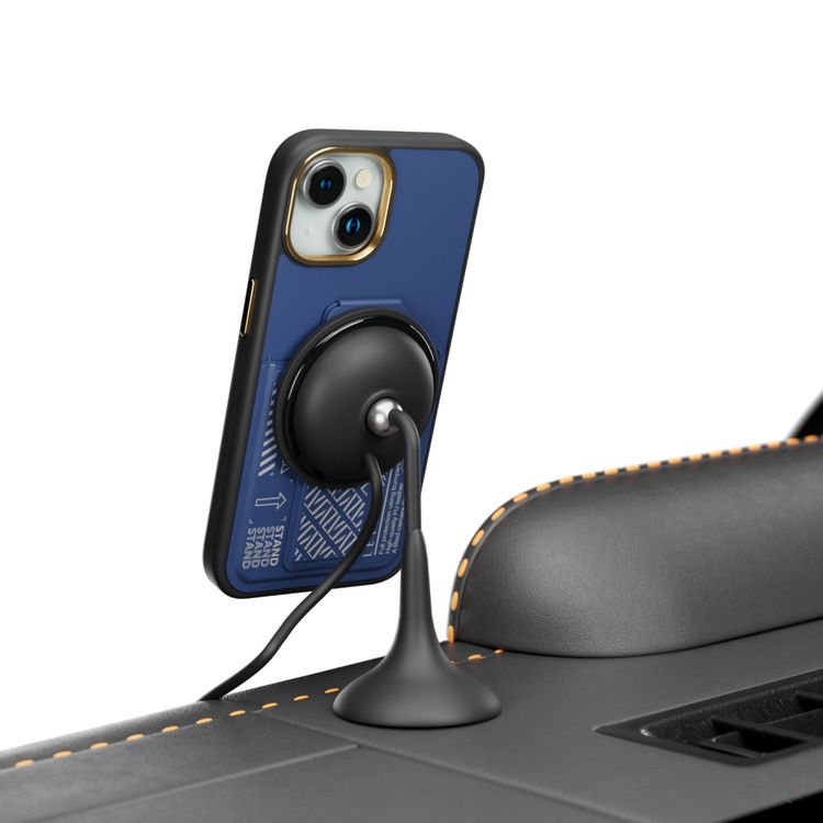 جراب Levelo Morphix Cuero Gripstand لهاتف iPhone 15 مع حامل بطاقات، أوضاع متعددة، مادة جلد البولي يوريثان، حواف مقاومة للصدمات - أزرق