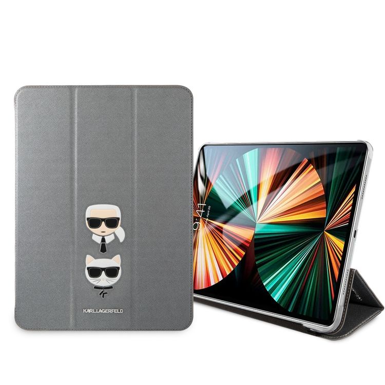 Karl Lagerfeld PU Saffiano Karl & Choupette Head Folio Case for iPad 11" - Silver