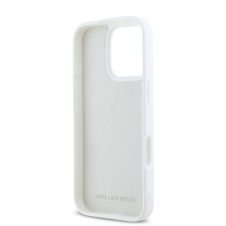 Karl Lagerfeld Silicone Case with Metal Signature Logo for iPhone 16 Pro, Drop Protection, Easy Snap On, Comfortable Grip - White