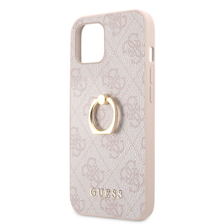 CG MOBILE Guess PU Leather 4G Case with 360° Rotating Ring Grip Holder Stand Compatible for iPhone 13 (6.1") Suitable with Wireless Charging Officially Licensed - Pink