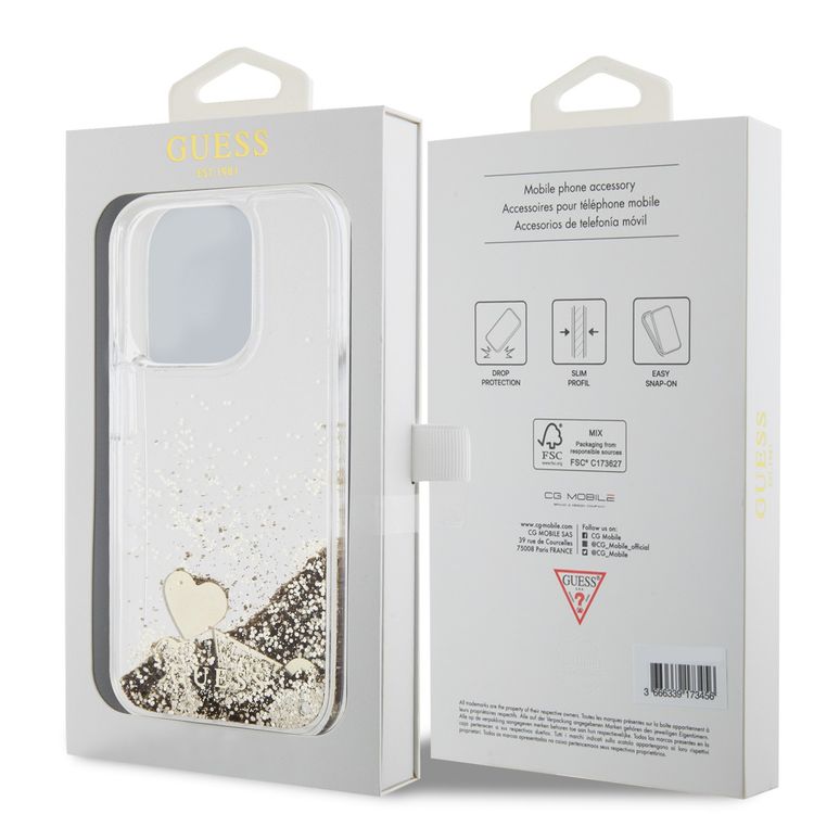 Guess HC Liquid Glitter Case with Charms Pattern - Gold - iPhone 15 Pro