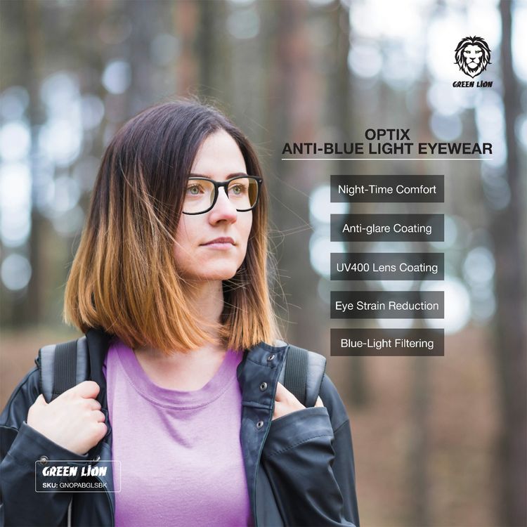 Green Lion Optix Anti-Blue Light Eyewear with Anti-Digital Eye Fatigue, 53mm Lens Width, Anti-Glare Coating, Night-Time Comfort, 19mm Bridge Width, UV400 Protection, 135mm Temple Width, Eye Strain Reduction - Black