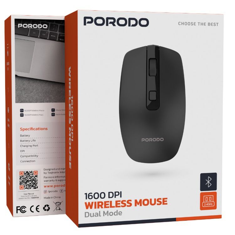 Porodo 1600 DPI Wireless Dual Mode Mouse with 10m Wireless Range, 30 Days Working Time, Built-in Battery - Black