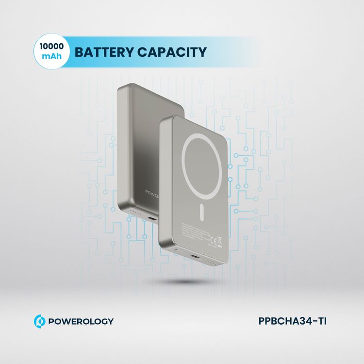 بنك الطاقة Powerology MagSafe من الألومنيوم بقدرة 10000 مللي أمبير في الساعة مع مؤشر لمستوى البطارية، تصميم خفيف الوزن وصغير الحجم، شحن سريع ومتزامن، مدخل ومخرج من النوع C، مخرج لاسلكي 15 وات - التيتانيوم