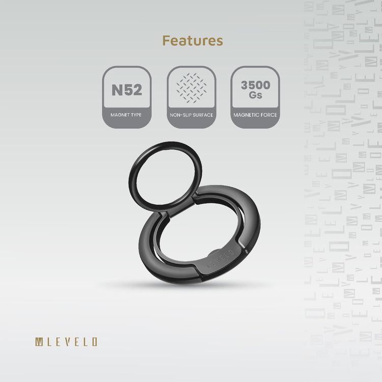 ليڤيلو لوتشيو 2 في 1 حامل هاتف مع حلقة مغناطيسية بقوة مغناطيسية N52 قوية، 3500Gs، مصنوع من مواد ألومنيوم متينة - اللون الأسود