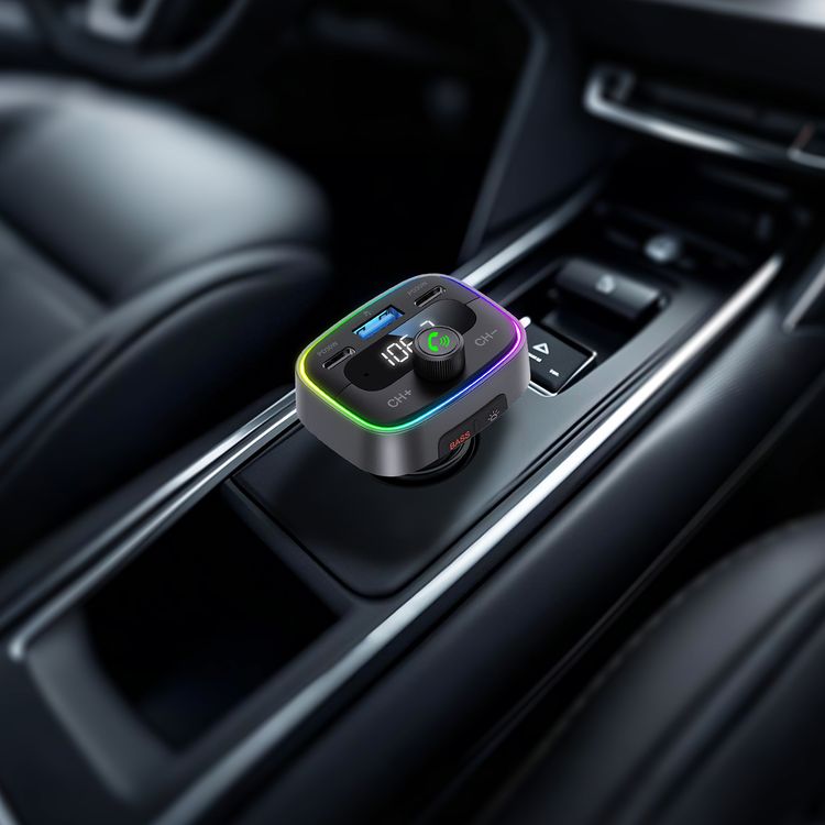 Porodo Smart Car Charger FM Transmitter with Dual PD 30W, Bluetooth 5.4, USB Disk Reading, Car Battery Voltage Display, Crisp Mic, Bass Boost Sound, LED Ambient Light, and FM Audio Streaming – Black