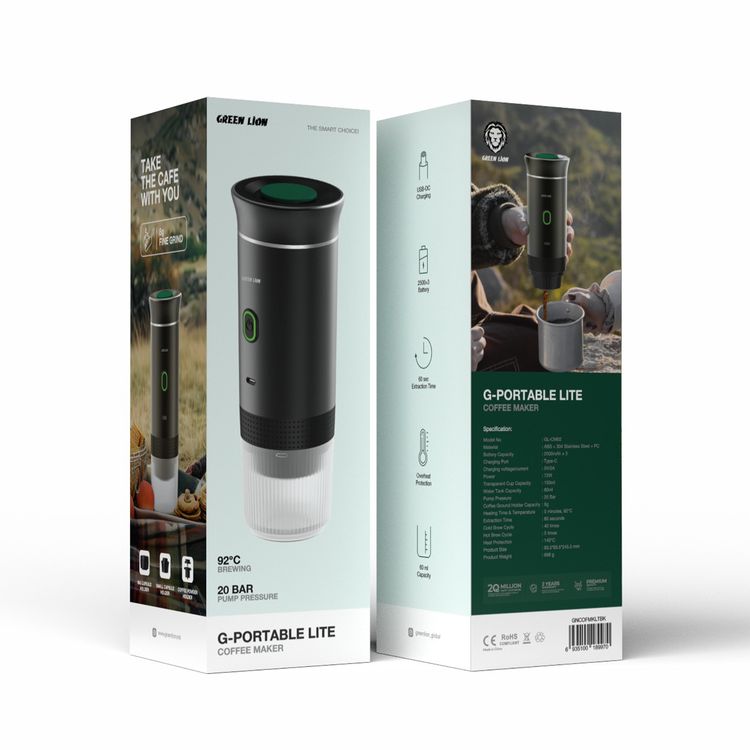  ماكينة صنع القهوة Green Lion Lite بسعة 150 مل، منفذ شحن من النوع C، وقت شحن 3-5 ساعات، وقت تسخين الماء 5-15 دقيقة - أسود