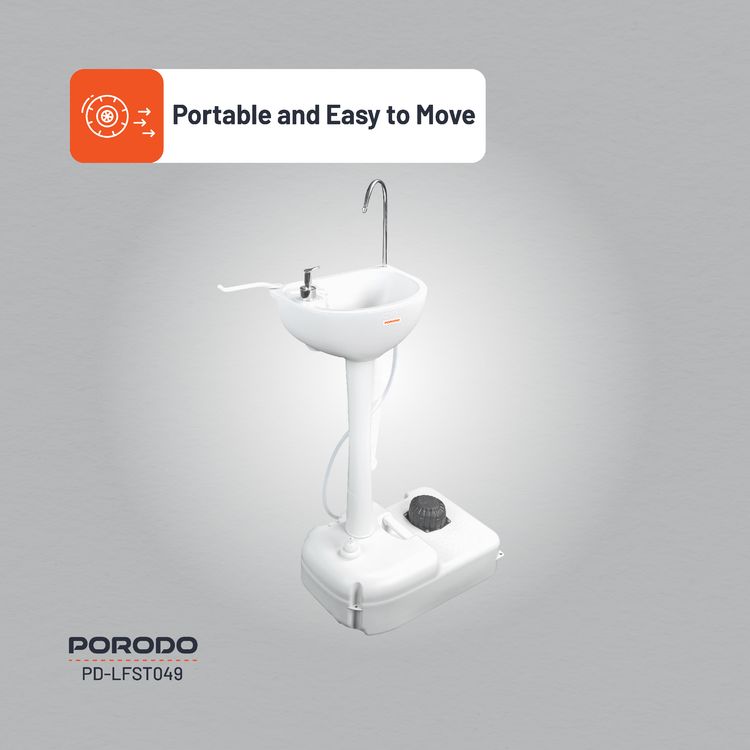 Porodo Lifestyle Portable Handwash Station, Dispenses 220mL of Water Per Pump, 17L Water Capacity, 3L Soap Capacity, Foot Pump Operated, Efficient Pumping System - White