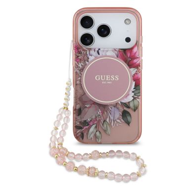 Guess MagSafe IML Case with Flowers Pattern & Lanyard for iPhone 17 Pro, Easy Snap-On, Sustainable Packaging, Comfortable Grip, Drop Protection, Slim & Lightweight Design - Pink