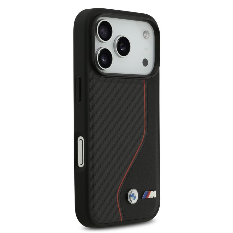 BMW PU Leather & Carbon Case with Colored Line Stitch for iPhone 17 Pro Max, Drop Protection, MagSafe Compatible, Sustainable Packaging, Easy Snap-On Design, Slim Profile - Black / Red