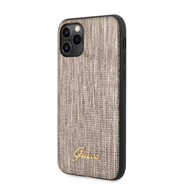 CG Mobile Guess PU Lizard Print Case with Metal Logo for iPhone 11 Pro (5.8") Officially Licensed, Shock Resistant, Scratches Resistant, Compatible with Wireless Chargers - Gold