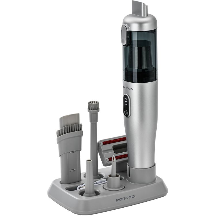 Porodo 9-in-1 Blower & Vacuum Cleaner with Multiple Blowing Nozzles, 110W Rated Power, 38 Minutes Working Time, 0.2L Dust Cup Capacity, Washable HEPA Filter, Brushless Motor, USB-C Charging Port - Gray