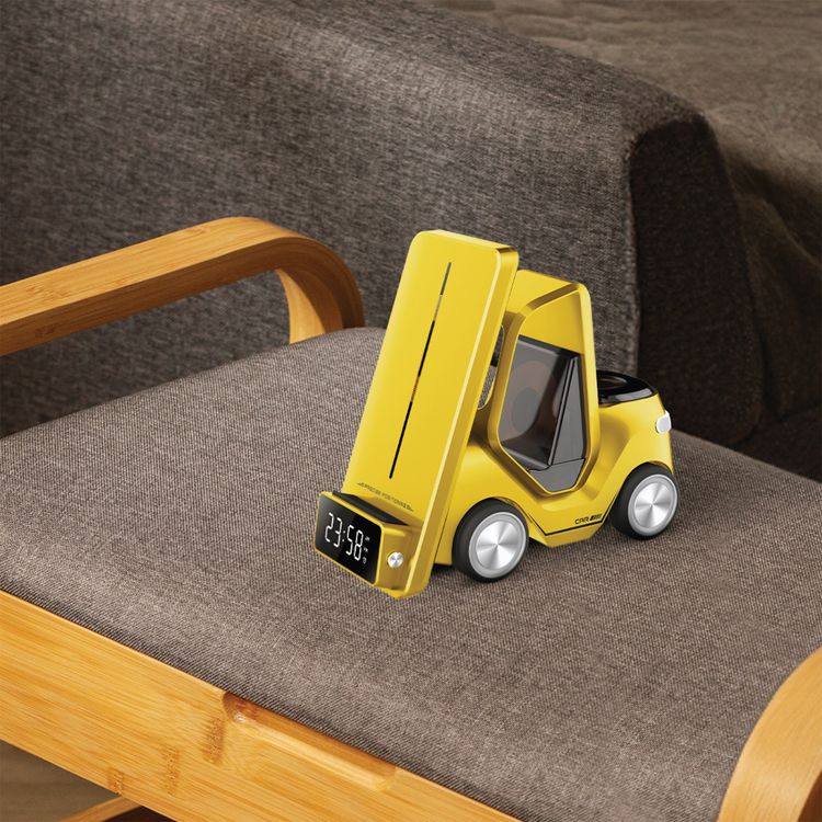 Green Lion Forklift 5-in-1 Wireless Charger with Night Light Function, 15W Phone Output, Fast Charging, Digital Clock Display, 2.5W Watch Output, 5W AirPods Output - Yellow