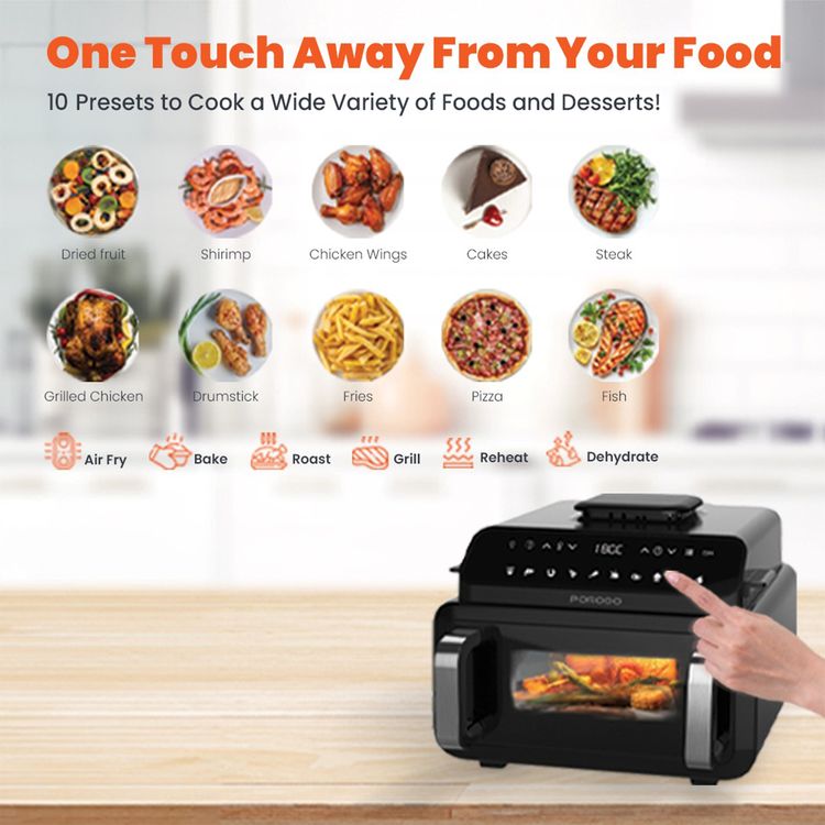 Porodo Flexi Cook Pro with 10.5L Capacity, Grill, Fry & Bake Functions, 10 Preset Programs, 12-Hour Delay Function, 80% Less Oil for Healthier Meals, Dual Opening Method, 40-200°C Temperature Range - Black