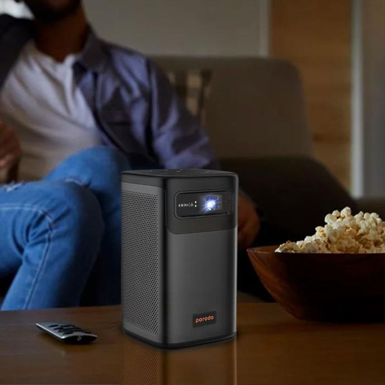 Porodo Portable DLP Projector with Wireless Mirroring for iOS and Android, 8000mAh Battery, 2-3 Hours Working Time, 180 ANSI Brightness, 16:9  Screen Ratio, 2 Integrated Speakers - Black