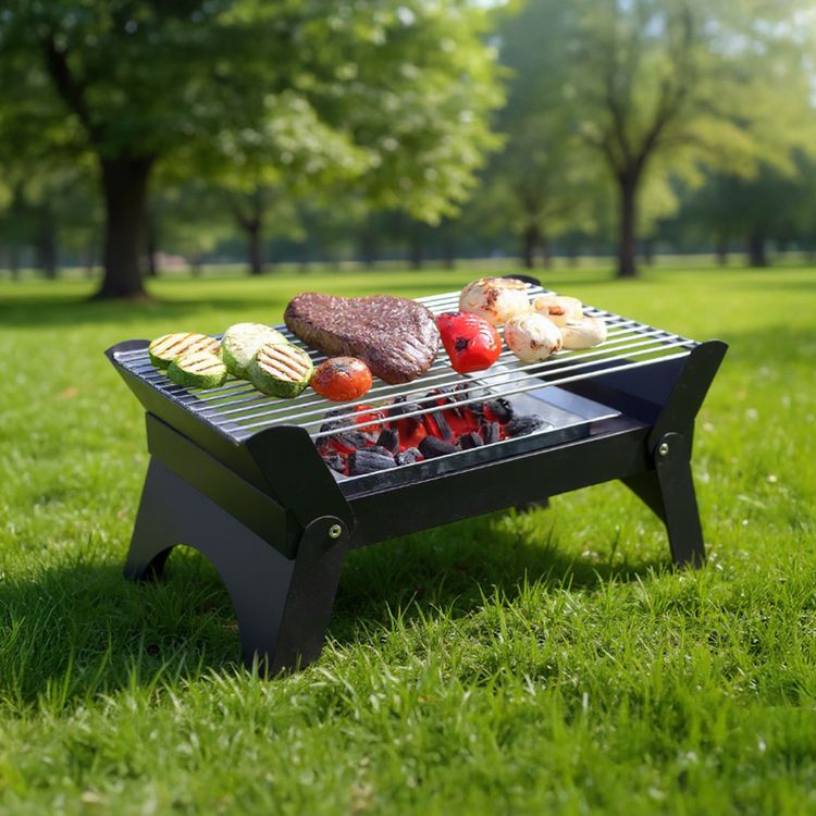 شواية باربكيو قابلة للطي من جرين ليون كوادر مع صينية فحم متينة، وتهوية هواء فعالة، مصنوعة من الفولاذ، مناسبة للتخييم، ورف شواء قابل للإزالة - باللون الأسود.