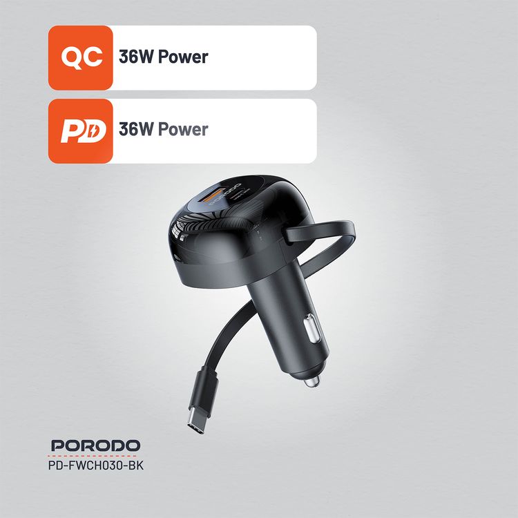 Porodo Dual Port Car Charger with 80cm Retractable Type-C Cable, Simultaneous Charging, Universal Compatibility, 47W Total Output Power - Black