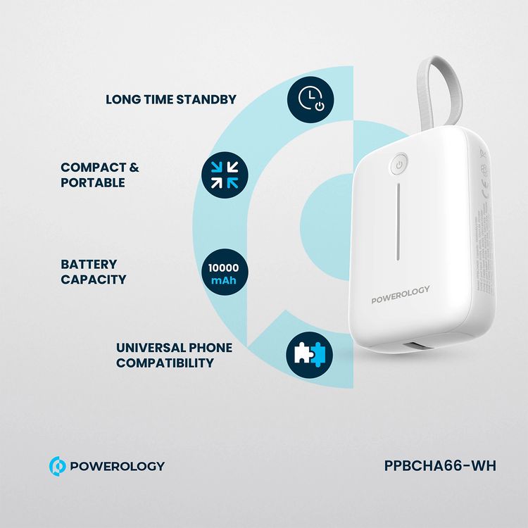 Powerology 10000mAh Power Bank with Detachable USB-C Wire, 20W Power Delivery, 3-Device Charging, Long Time Standby, Universal Phone Compatibility, Built-in Safeguards - White