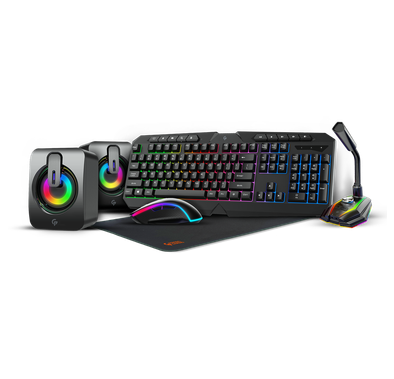 Porodo PDX215-BK 5in1 Ultimate Gaming Kit, Layout: 104Keys, US + Arabic, Omni-Directional Mic, RGB Lighting mouse - Black