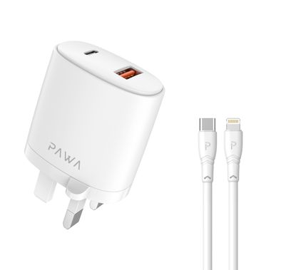 باوا شاحن سفر صلب مزدوج PD & QC مع كابل تايب-سي إلى لايتنينج - أبيض