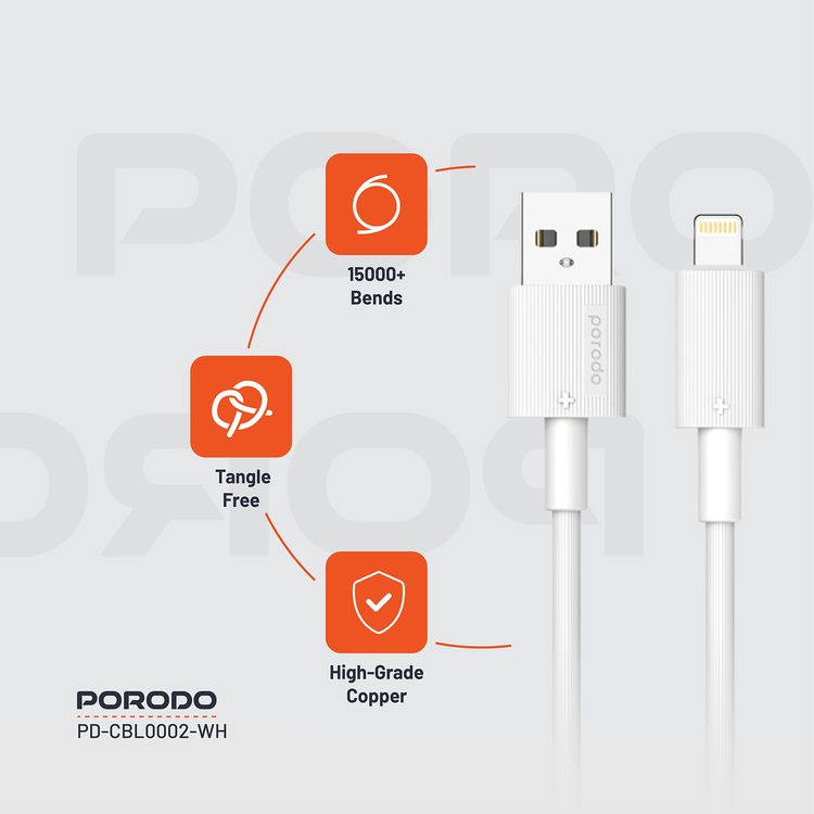 كابل USB A إلى Lightning PVC من Porodo، 480 ميجابايت في الثانية، تيار 2.4 أمبير، عمر افتراضي يزيد عن 15000 ثنية، طول الكابل 1.2 متر، خالٍ من التشابك - أبيض